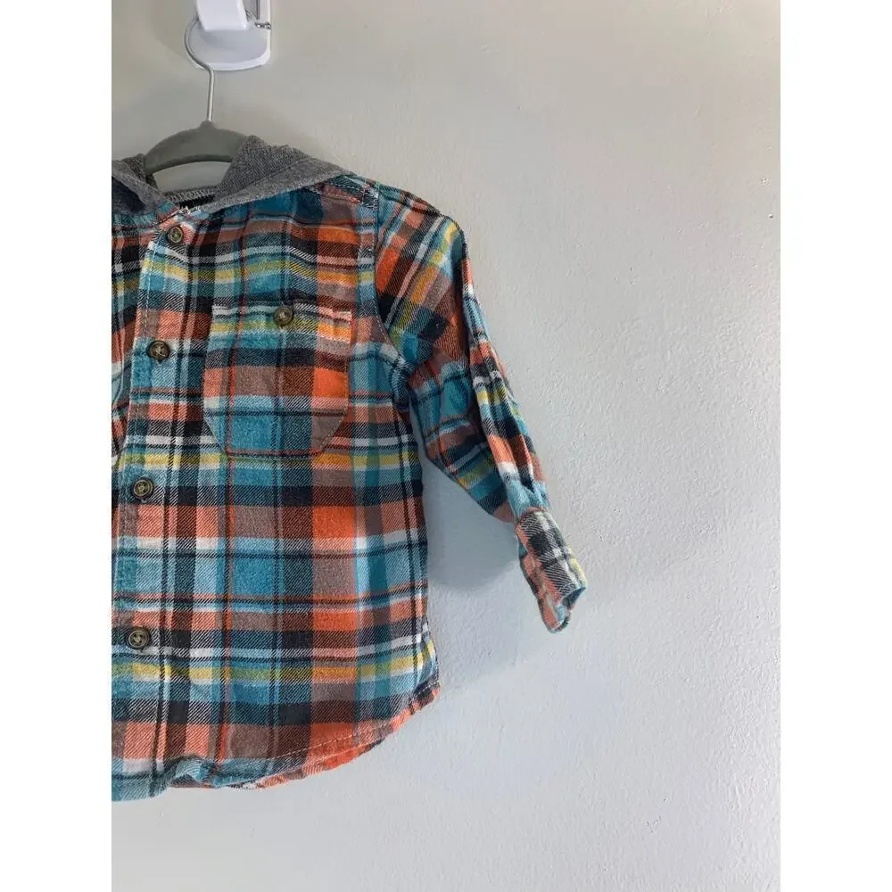 CARTER’S Boy’s Hooded Button Down Long Sleeve Flannel Shirt / Size: 12 Months